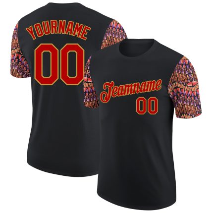 Custom Boho Style Performance T-Shirt with Personalized Name and Number - Black Red-Old Gold 3D Pattern Design Personalized