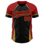 Custom Name and Number 3D Pattern Baseball Jersey - Personalized Black Red-Old Gold Curve Solid Design Personalized Black