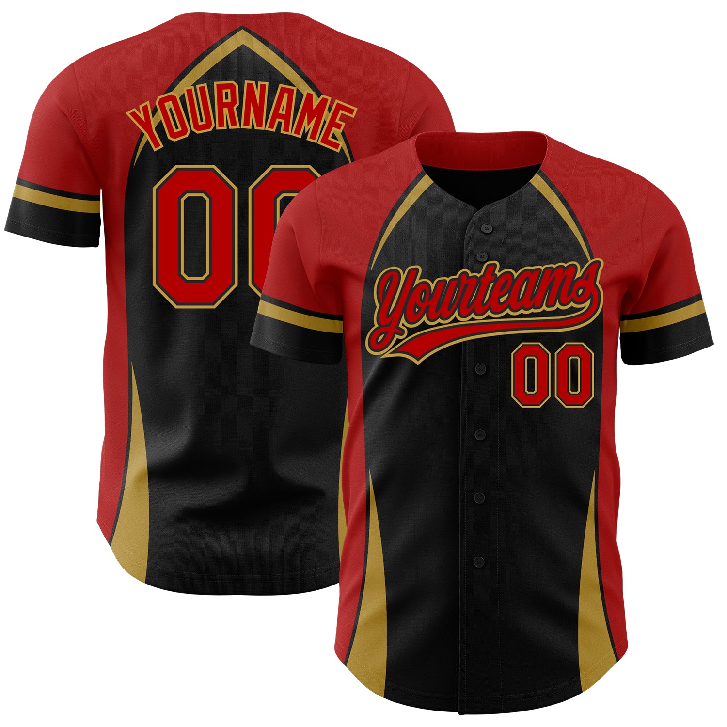 Custom Name and Number 3D Pattern Baseball Jersey - Personalized Black Red-Old Gold Curve Solid Design Personalized Black