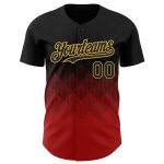 Custom Name and Number Personalized 3D Pattern Gradient Baseball Jersey - Black Red Gold Square Shapes Design Personalized