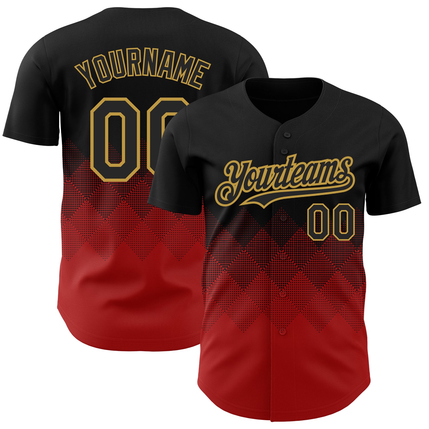 Custom Name and Number Personalized 3D Pattern Gradient Baseball Jersey - Black Red Gold Square Shapes Design Personalized