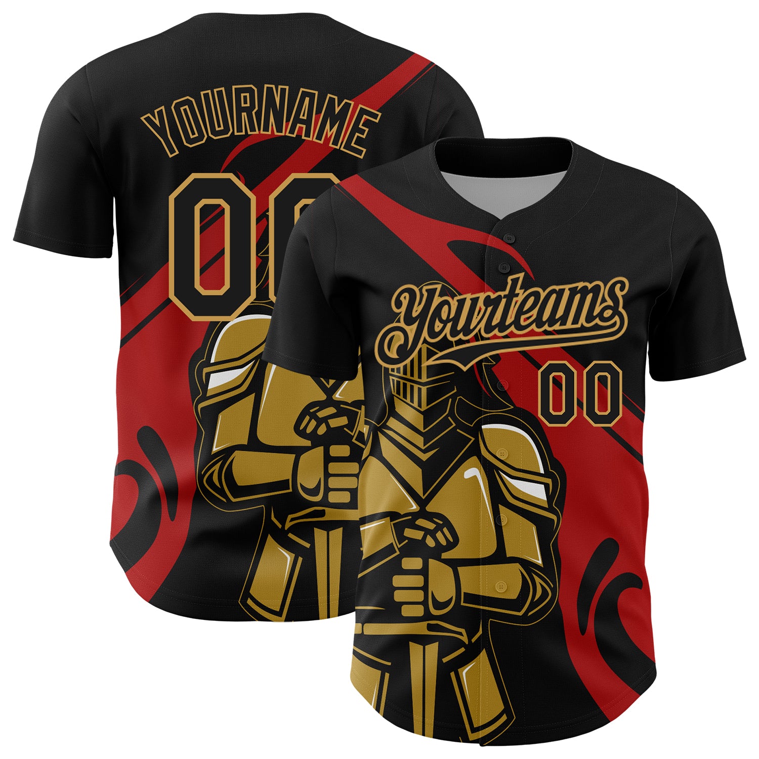Custom Name Number Personalized 3D Pattern Knight Hero Art Black Red Gold Authentic Baseball Jersey Personalized Black Red-Old