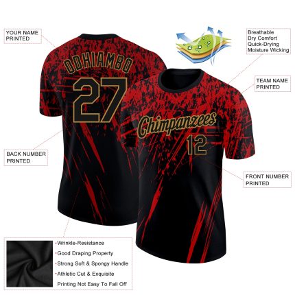 Custom Black Red Gold 3D Performance Tee Shirt for Men and Women Personalized Black Red-Old Gold 3D Performance T-Shirt