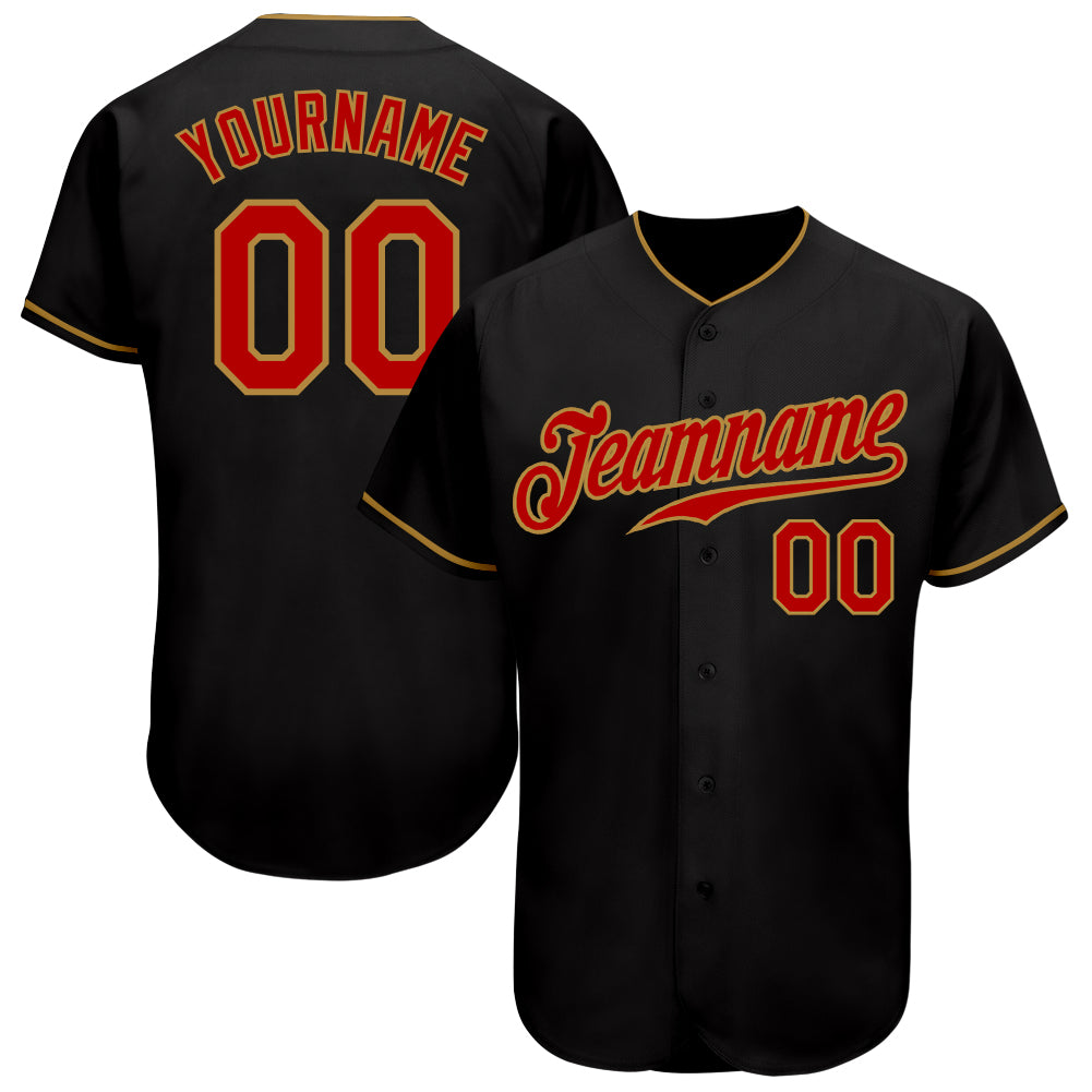 Custom Personalized Black and Red Baseball Jersey for Men - Old Gold Design Personalized Black Red-Old Gold Baseball Jersey