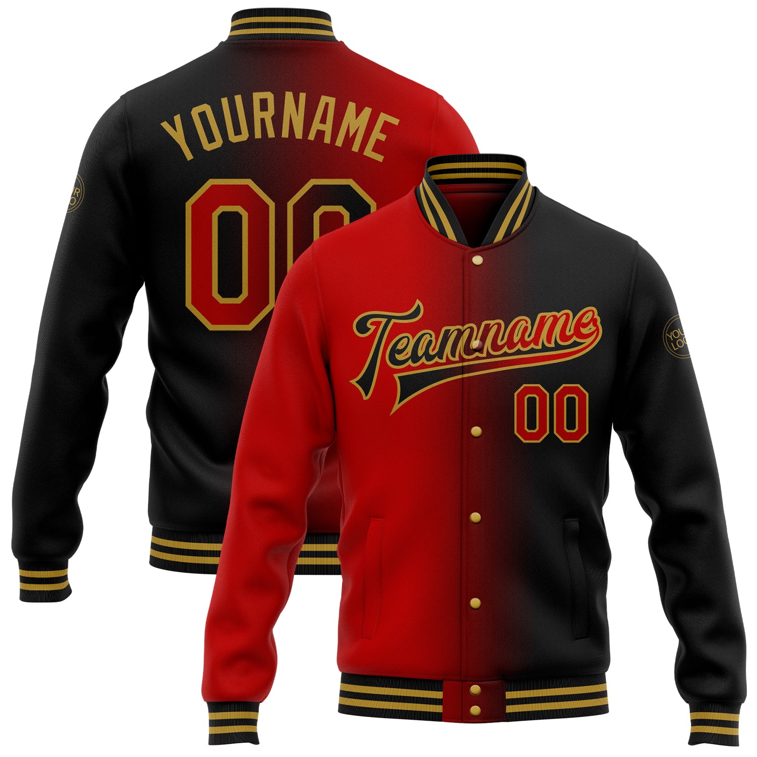 Custom Team Name Number Bomber Jacket - Black Red Old Gold Gradient Varsity Letterman Full-Snap Fashion Jacket Personalized