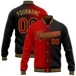 Personalized Gradient Varsity Letterman Jacket Black Red Old Gold Full-Snap Fashion Personalized Black Red-Old Gold Bomber