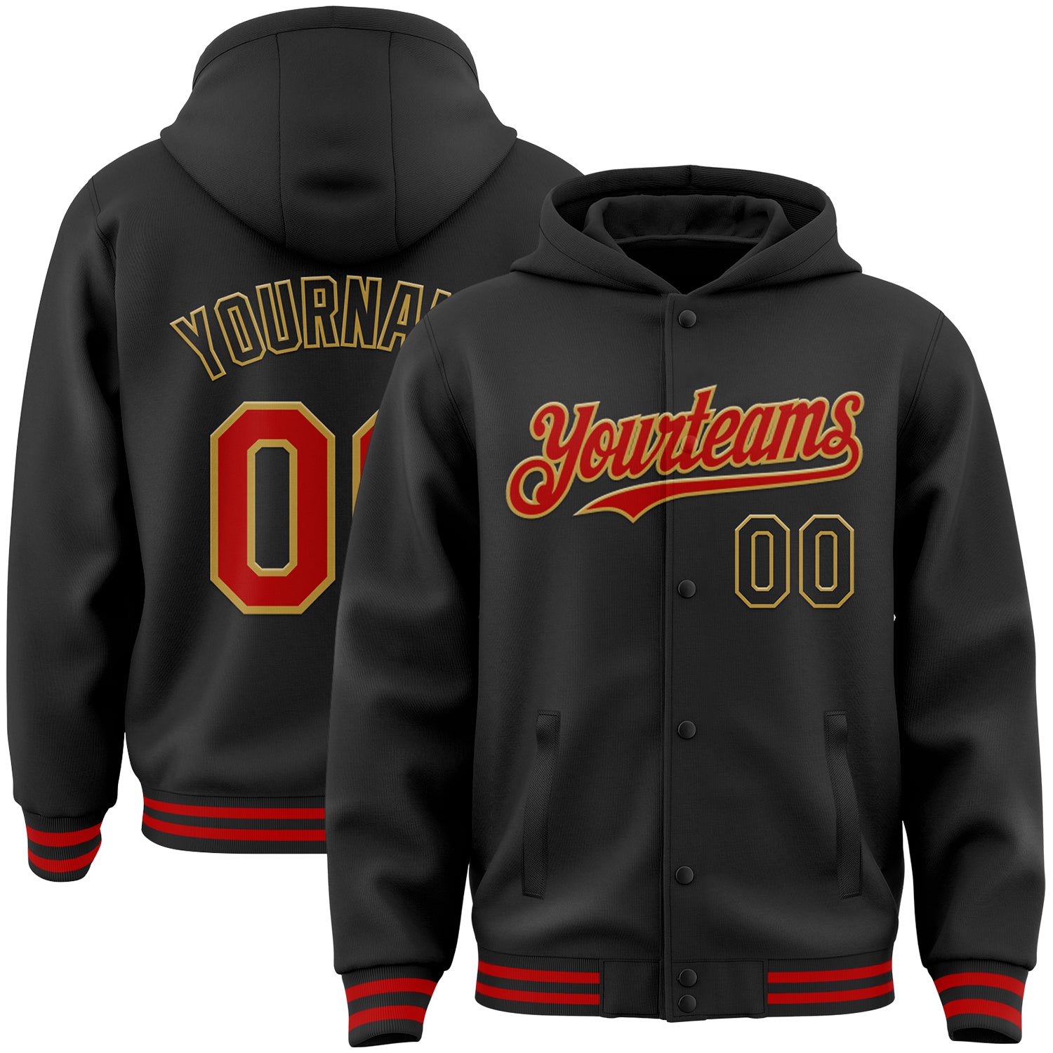 Custom Varsity Letterman Hoodie Jacket - Personalized Black Red Old Gold Bomber with Team Name and Number Personalized Black