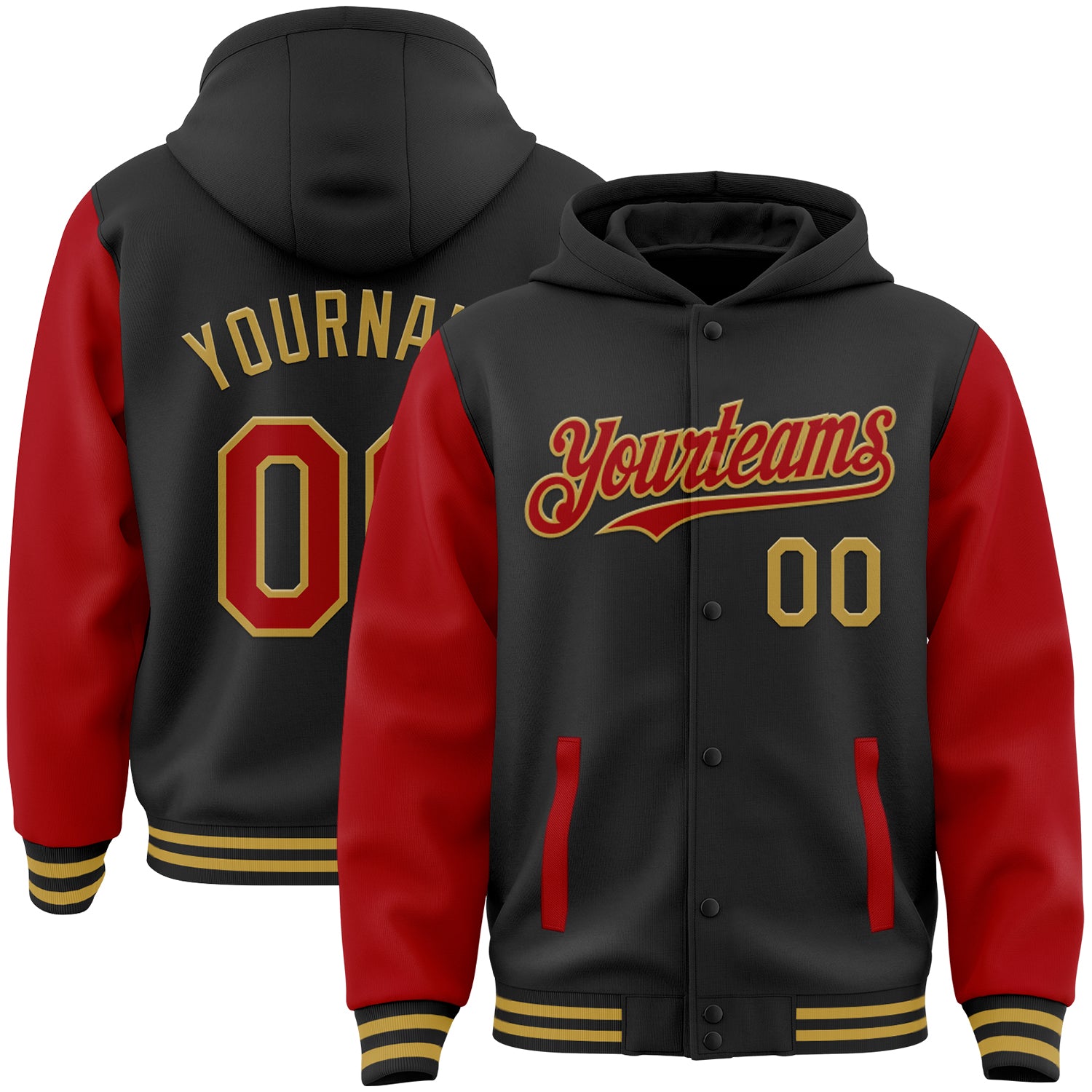 Custom Two Tone Hoodie Jacket with Name and Number - Personalized Black Red-Old Gold Bomber Varsity Letterman Full-Snap Personalized