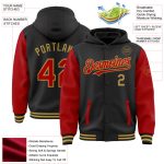 Custom Two Tone Hoodie Jacket with Name and Number - Personalized Black Red-Old Gold Bomber Varsity Letterman Full-Snap Personalized