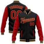 Personalized Two Tone Varsity Letterman Jacket - Black Red Old Gold Bomber Full-Snap Personalized Black Red-Old Gold Bomber