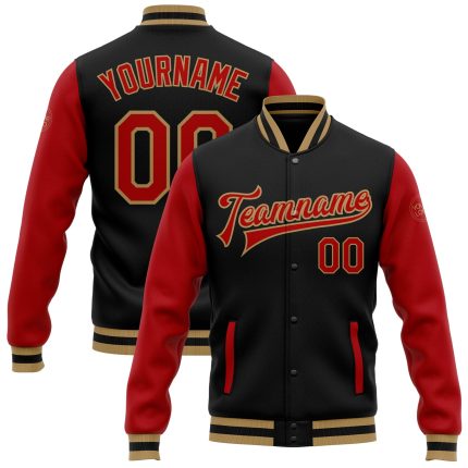 Personalized Two Tone Varsity Letterman Jacket - Black Red Old Gold Bomber Full-Snap Personalized Black Red-Old Gold Bomber