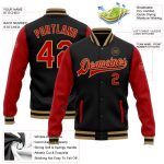 Personalized Two Tone Varsity Letterman Jacket - Black Red Old Gold Bomber Full-Snap Personalized Black Red-Old Gold Bomber