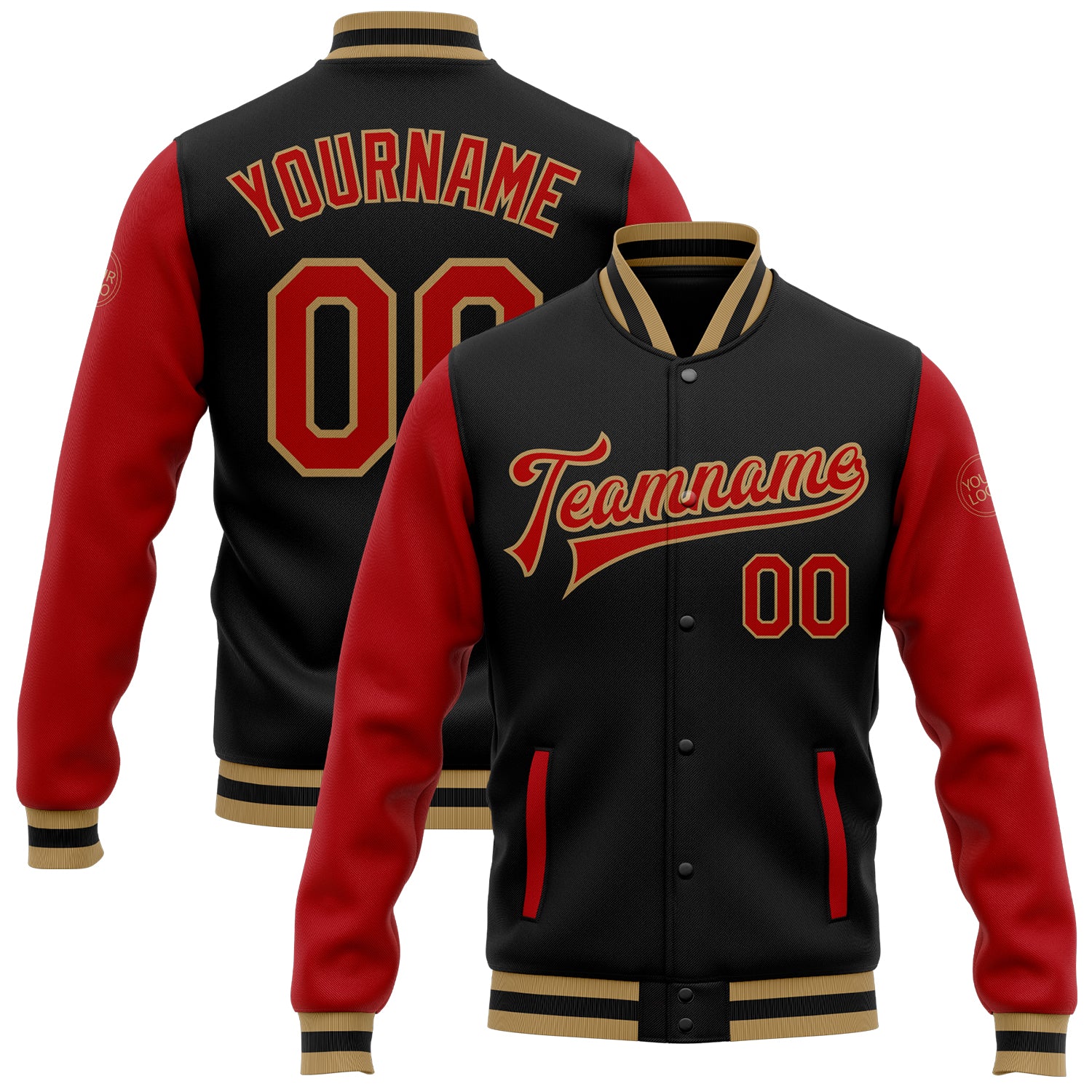 Custom Two Tone Bomber Jacket with Name and Number | Black Red Old Gold Varsity Letterman Full-Snap Design Personalized Black