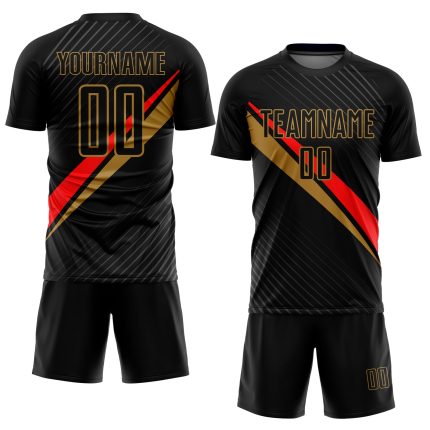 Custom Diagonal Lines Soccer Jersey - Personalized Black and Red Gold Design Uniform Personalized Black Red-Old Gold Diagonal