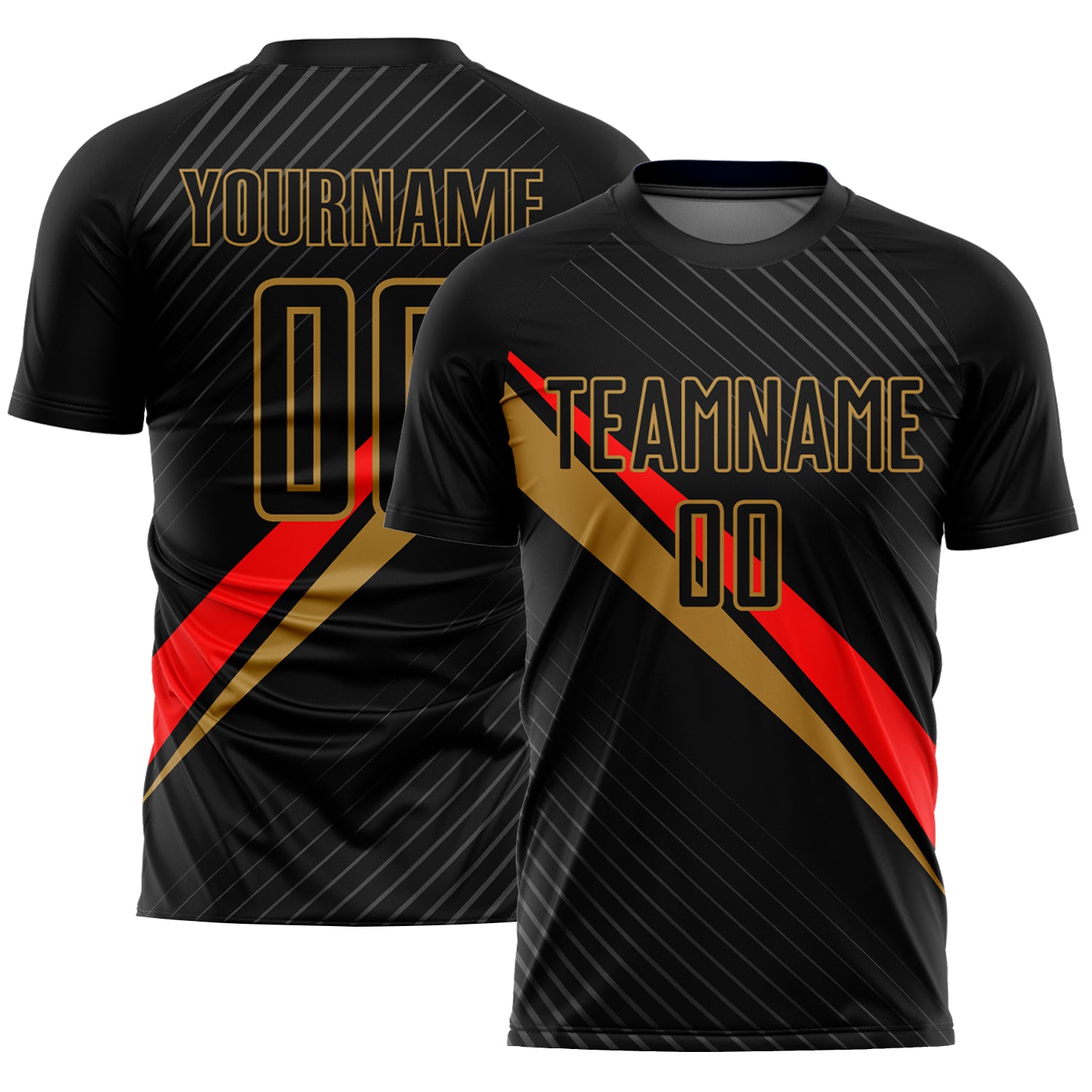 Custom Name & Number Soccer Uniform Jersey - Personalized Black Red Old Gold Diagonal Lines Design Personalized Black Red-Old