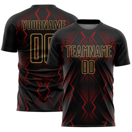 Custom Soccer Jersey with Geometric Shapes, Personalized Name and Number, Black Red-Old Gold Design Personalized Black Red-Old