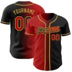 Personalized Fashion Baseball Jersey in Black Red-Old Gold Gradient Design Personalized Black Red-Old Gold Gradient Fashion