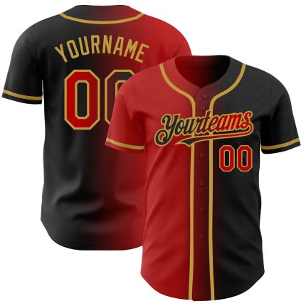 Personalized Fashion Baseball Jersey in Black Red-Old Gold Gradient Design Personalized Black Red-Old Gold Gradient Fashion