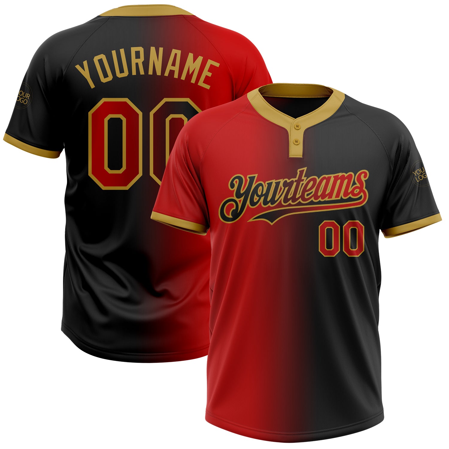 Custom Name and Number Unisex Softball Jersey - Personalized Black Red Gold Gradient Two-Button Fashion Jersey Personalized