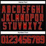 Custom black, red and old gold lace-neck hockey jersey, flat lay