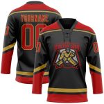 Custom black, red and old gold lace-neck hockey jersey, back view
