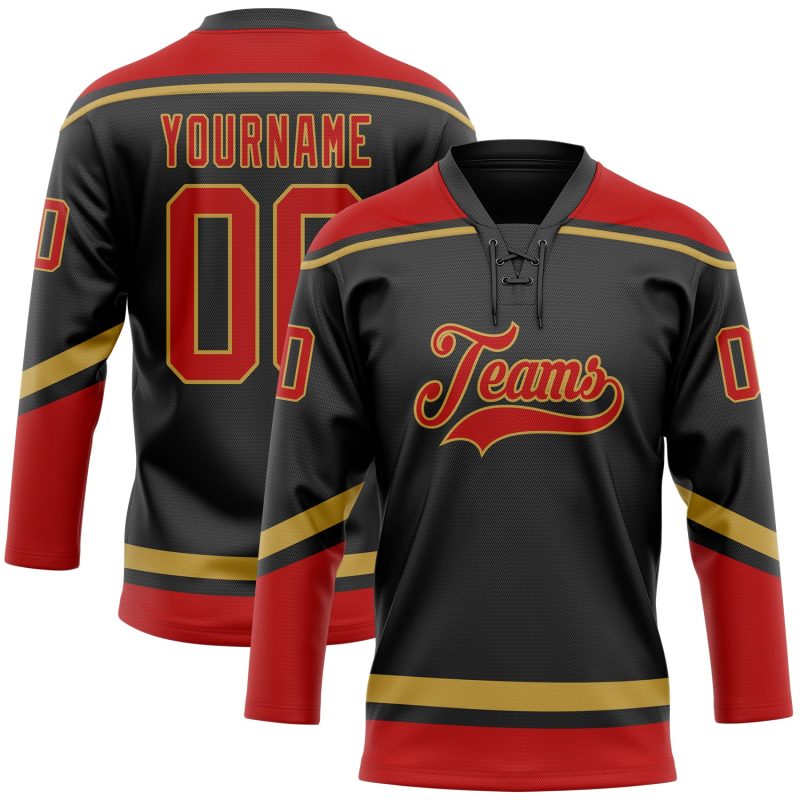 Custom black, red and old gold lace-neck hockey jersey
