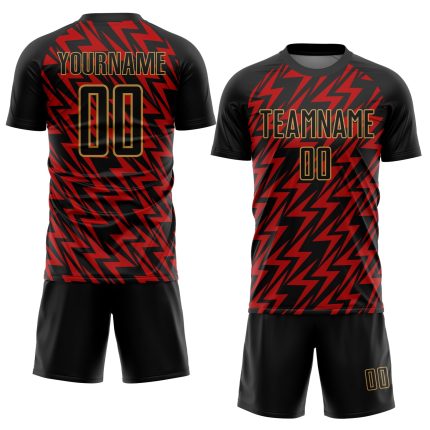 Personalized Lightning Soccer Jersey - Black, Red, and Old Gold Sublimation Uniform Personalized Black Red-Old Gold Lightning
