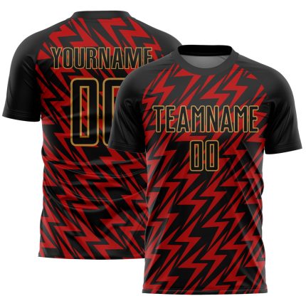 Personalized Lightning Soccer Jersey - Black, Red, and Old Gold Sublimation Uniform Personalized Black Red-Old Gold Lightning