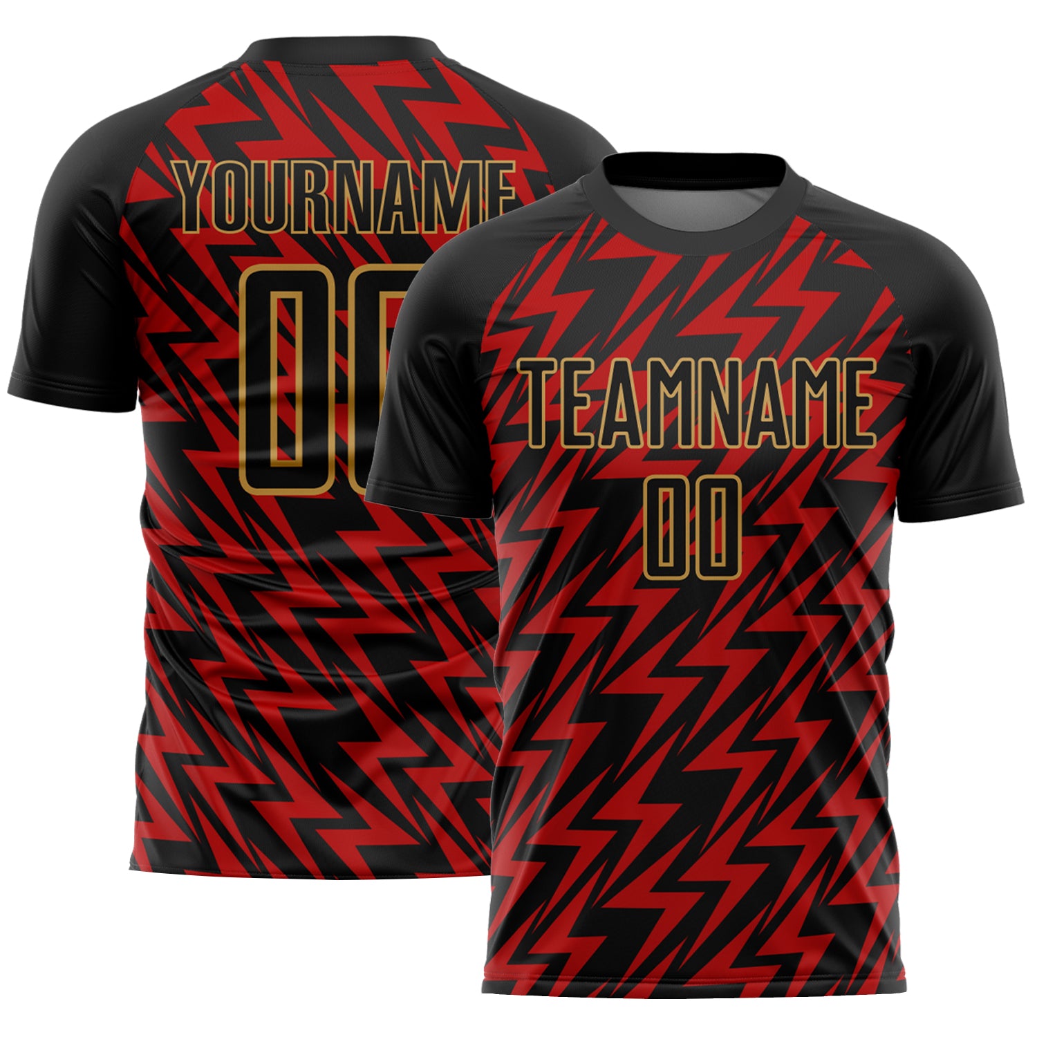 Personalized Lightning Soccer Jersey - Black, Red, and Old Gold Sublimation Uniform Personalized Black Red-Old Gold Lightning