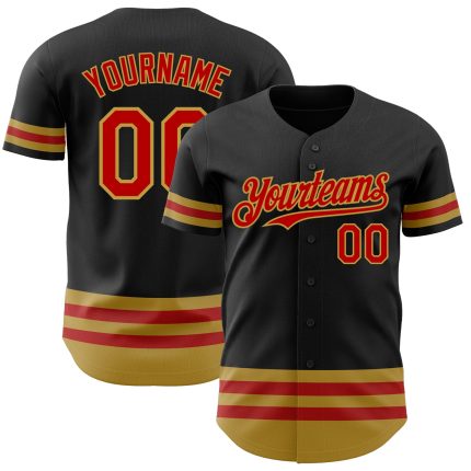 Personalized Black Red Gold Line Baseball Jersey for Men and Women Personalized Black Red-Old Gold Line Baseball Jersey