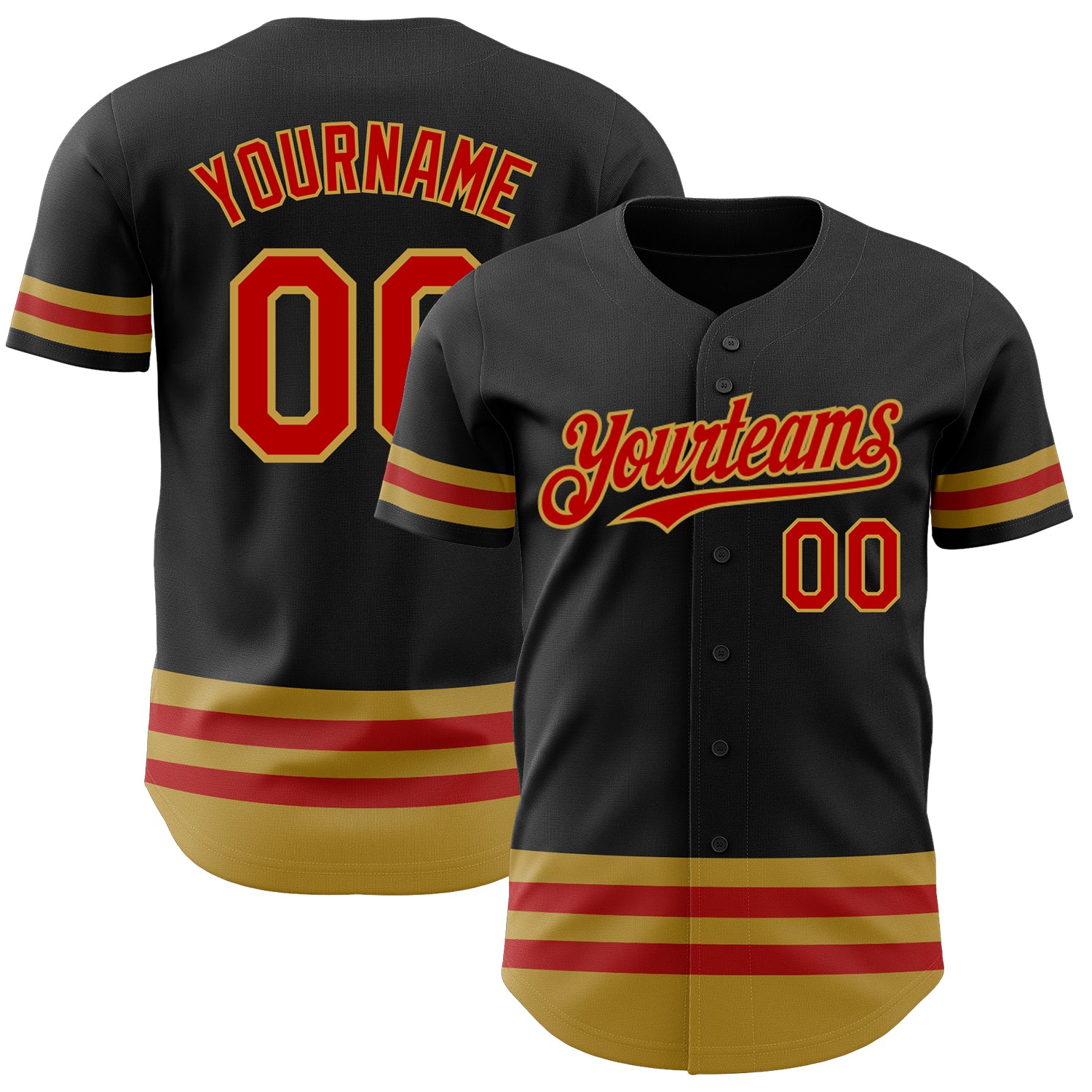 Personalized Black Red Gold Line Baseball Jersey for Men and Women Personalized Black Red-Old Gold Line Baseball Jersey