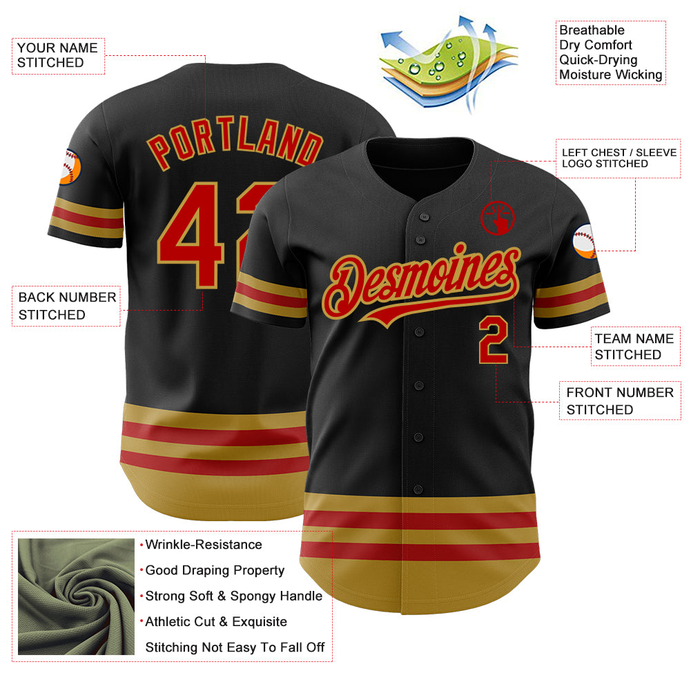 Personalized Black Red Gold Line Baseball Jersey for Men and Women Personalized Black Red-Old Gold Line Baseball Jersey - Image 3