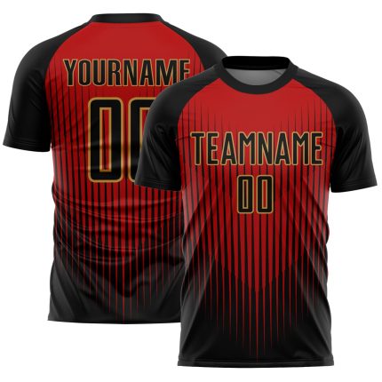 Personalized Soccer Jersey Sublimation Black Red Gold Lines - Custom Uniform 2 Personalized Black Red-Old Gold Lines Sublimation
