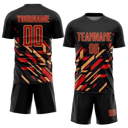 Personalized Sublimation Soccer Jersey with Black, Red, and Old Gold Lines - Custom Team Uniform Personalized Black Red-Old