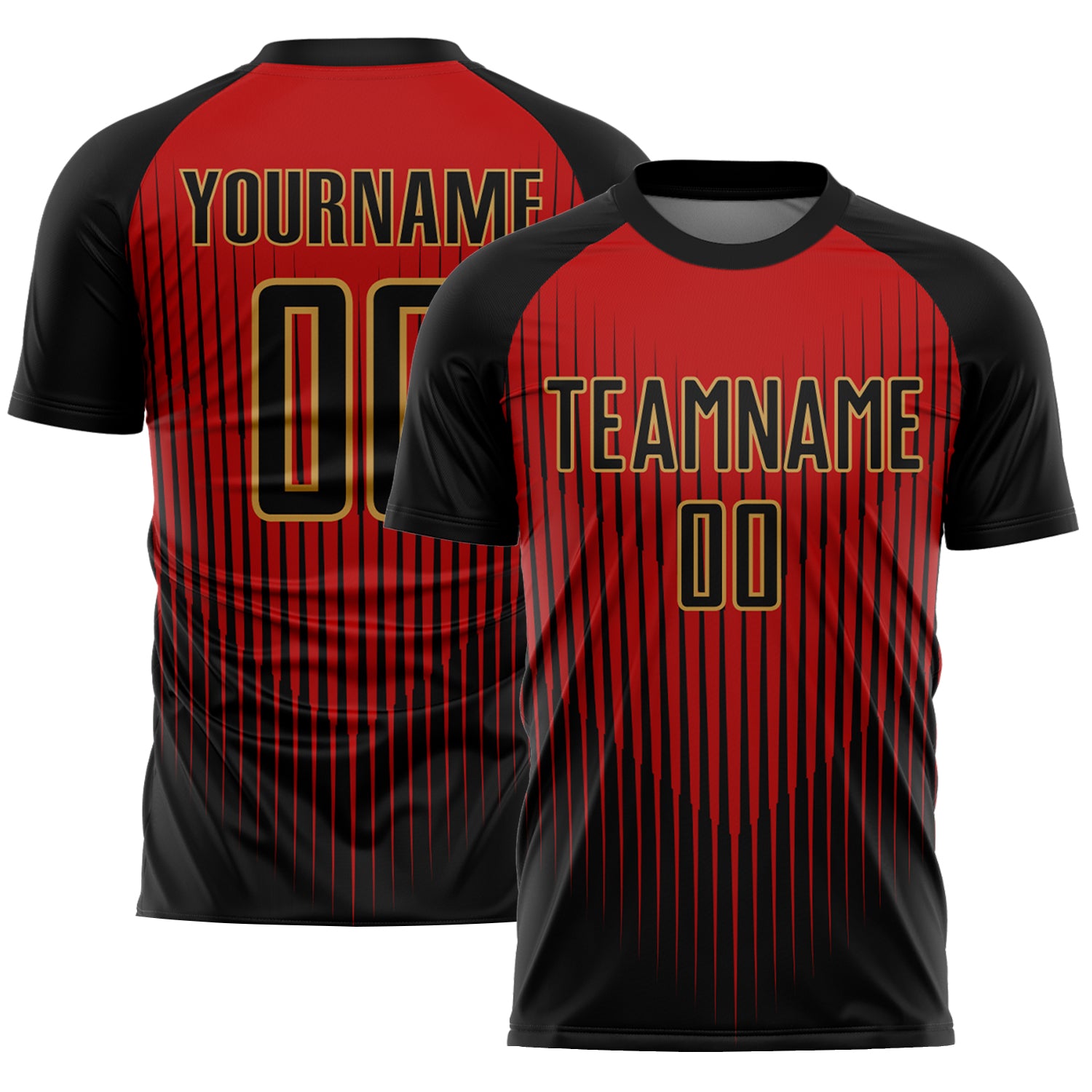 Personalized Soccer Jersey with Black Red and Gold Lines Design - Custom Sublimation Uniform Personalized Black Red-Old Gold