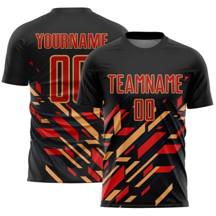Personalized Sublimation Soccer Jersey with Black, Red, and Old Gold Lines - Custom Team Uniform Personalized Black Red-Old