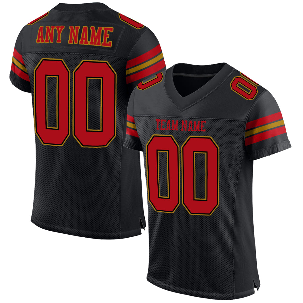 Custom Personalized Football Jersey with Team Name and Number - Black Red Old Gold Mesh Personalized Black Red-Old Gold Mesh