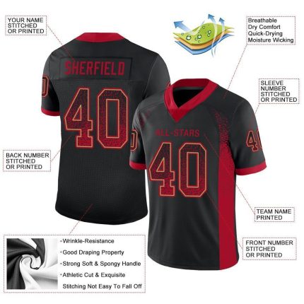 Personalized Drift Fashion Football Jersey - Black Red Old Gold Mesh Design Personalized Black Red-Old Gold Mesh Drift Fashion