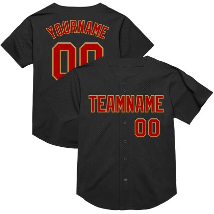Personalized Throwback Baseball Jersey Mesh in Black and Red with Old Gold Accents - Customizable Design Personalized Black