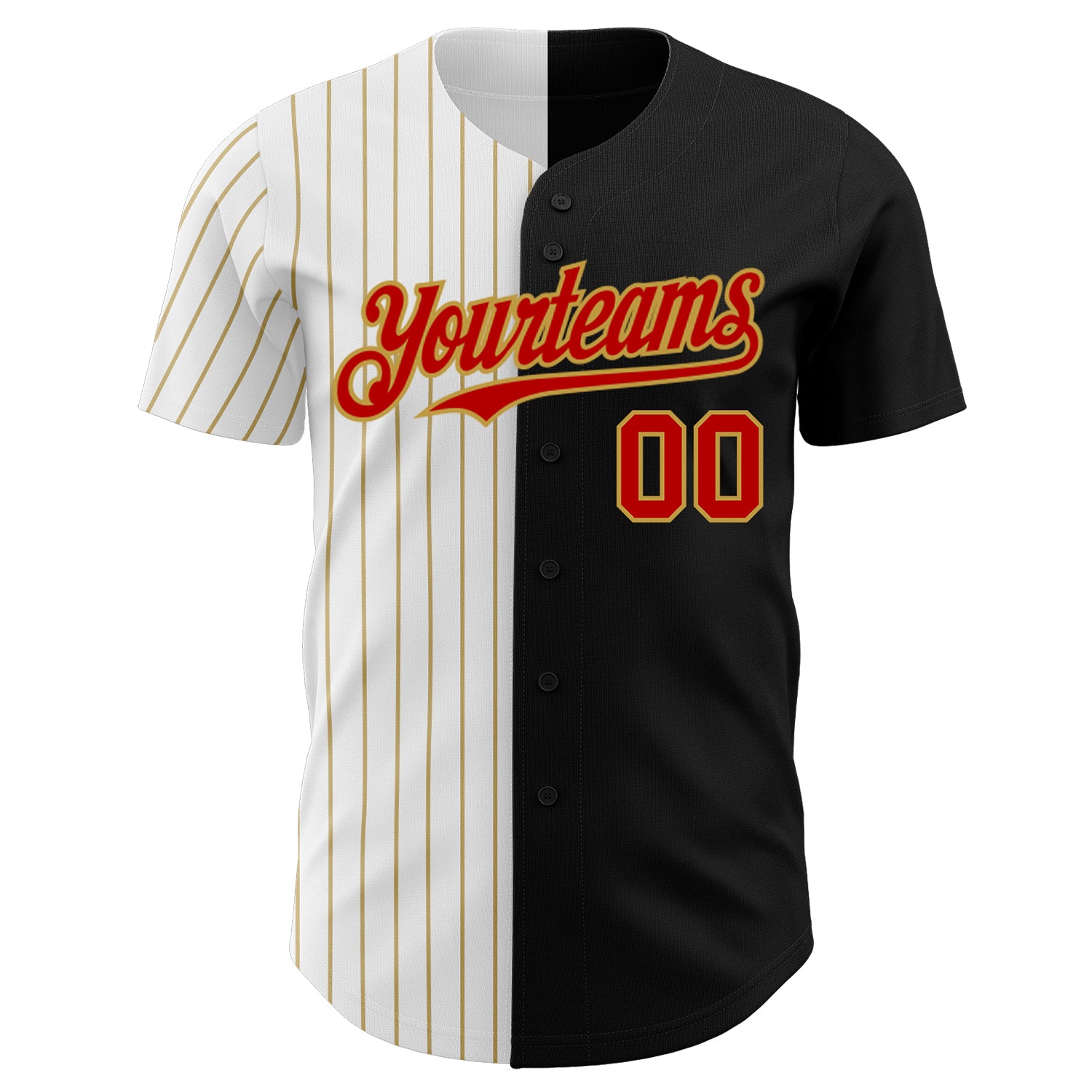 Custom Black Red Gold Pinstripe Baseball Jersey - Stylish Split Design Fashion Sportswear Personalized Black Red-Old Gold - Image 2