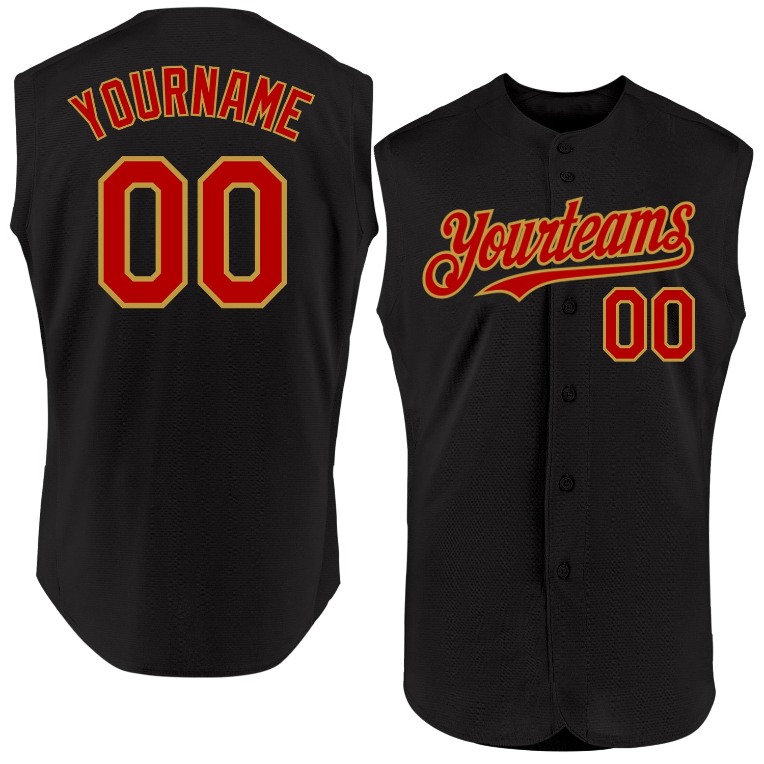 Personalized Black Red Gold Sleeveless Baseball Jersey for Men and Women Personalized Black Red-Old Gold Sleeveless Baseball