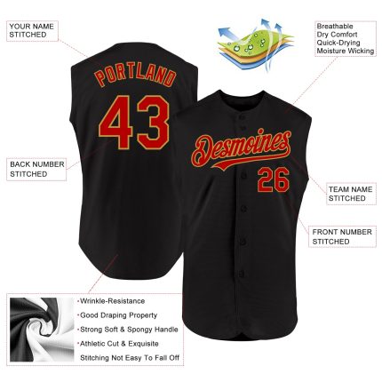 Personalized Black Red Gold Sleeveless Baseball Jersey for Men and Women Personalized Black Red-Old Gold Sleeveless Baseball