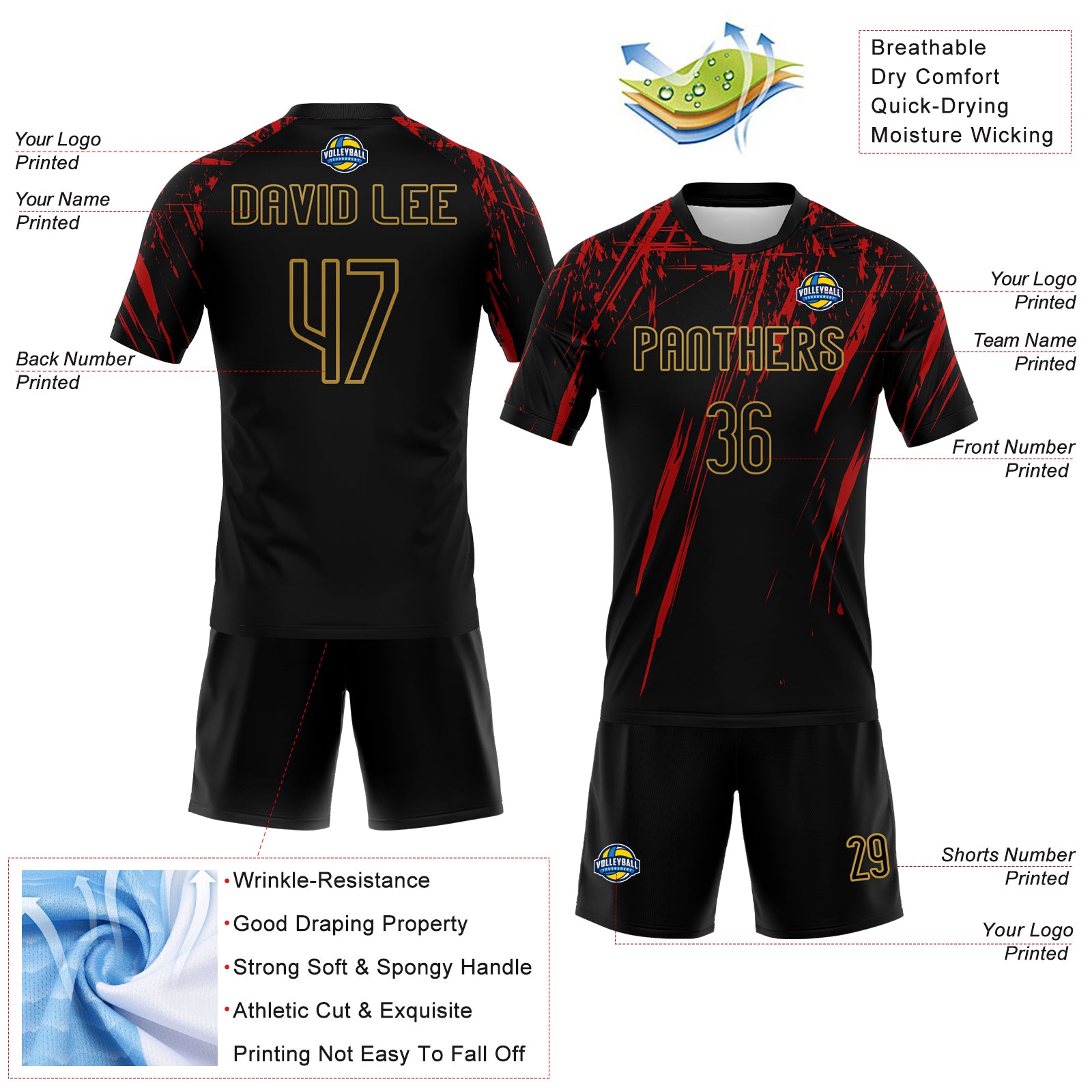 Custom Black Red and Gold Splash Volleyball Jersey - Personalized Sublimation Uniform Personalized Black Red-Old Gold Splash - Image 4