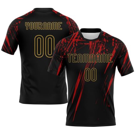 Custom Black Red and Gold Splash Volleyball Jersey - Personalized Sublimation Uniform Personalized Black Red-Old Gold Splash