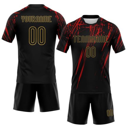 Custom Black Red and Gold Splash Volleyball Jersey - Personalized Sublimation Uniform Personalized Black Red-Old Gold Splash