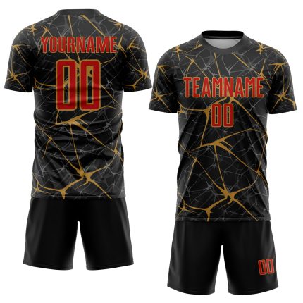 Custom Black Red Gold Soccer Jersey - Personalized Sublimation Uniform Personalized Black Red-Old Gold Sublimation Soccer