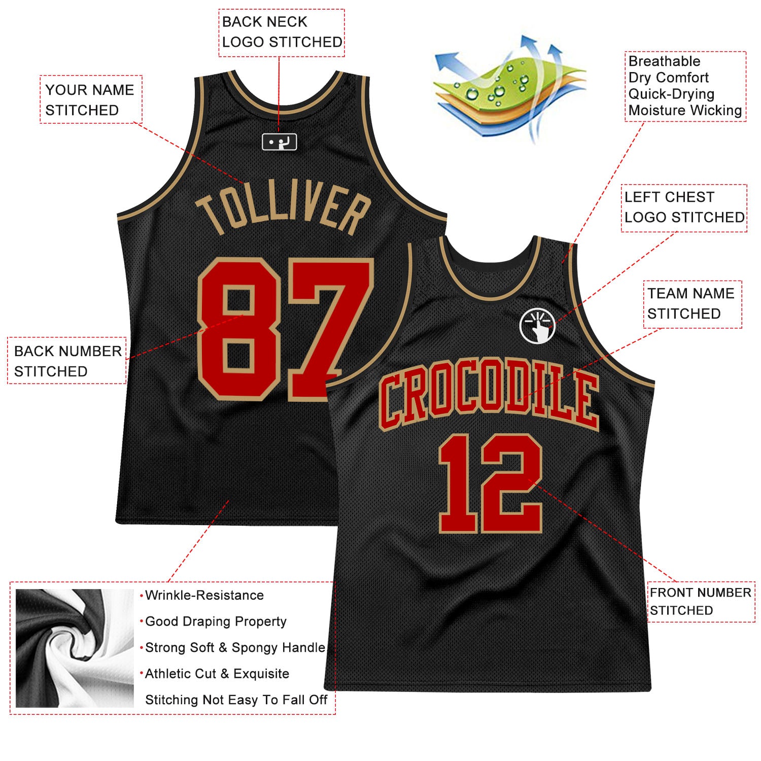 Personalized Throwback Basketball Jersey - Black Red Old Gold Design Personalized Black Red-Old Gold Throwback Basketball - Image 2