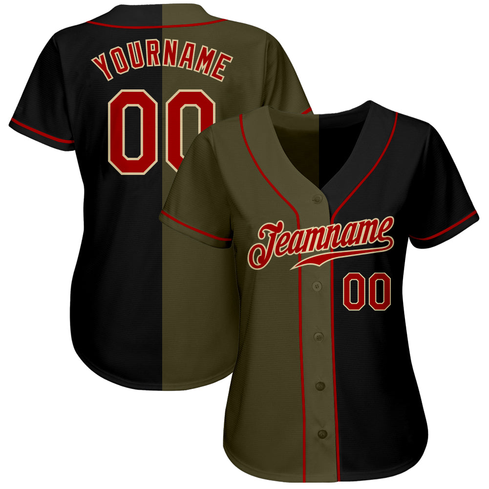 Personalized Black Red Olive Split Fashion Baseball Jersey for Men and Women Personalized Black Red-Olive Split Fashion Baseball - Image 2