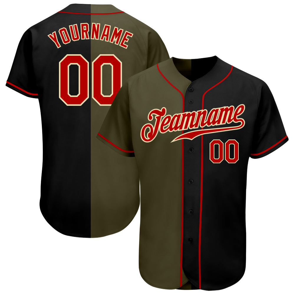 Personalized Black Red Olive Split Fashion Baseball Jersey for Men and Women Personalized Black Red-Olive Split Fashion Baseball