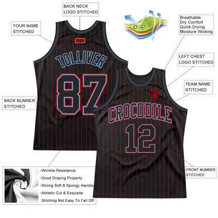 Custom Basketball Jersey with Personalized Name & Number - Black Red Light Blue Pinstripe Design Personalized Black Red Pinstripe